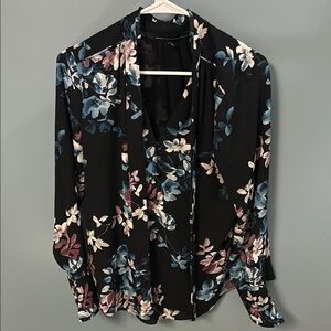 Floral Print Women's Top - Black with Blue and Pink Accents
